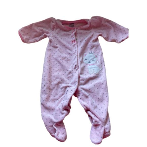 3/$20 Child of mine 0-3 months warm fleece button up cat sleeper pink silver - Picture 1 of 3